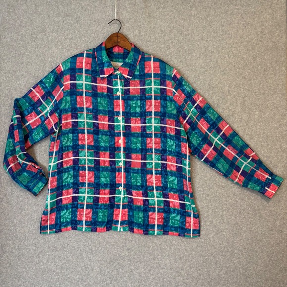 Vintage 80s Da-Rue of California Teal Blue Coral‎ Blouse Women's 16 Button Down - Picture 1 of 9